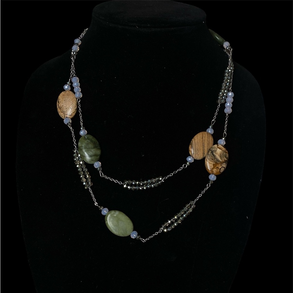 Earthy Elegance Jasper & Serpentine Chain Layered Necklace W/Sparkling Beads